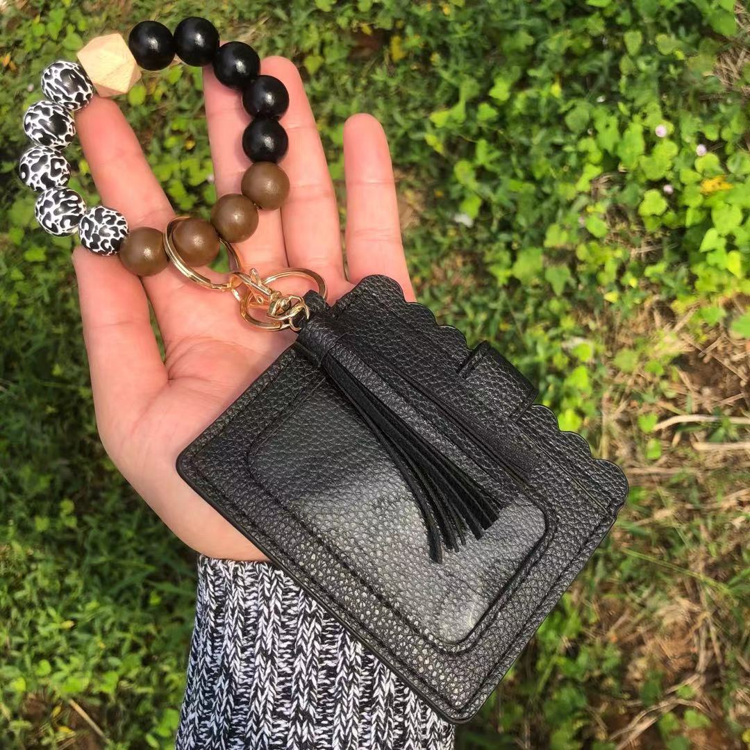 Wholesale Christmas Colorful Beads PU Tassel Bracelet Coin Purse Keychain